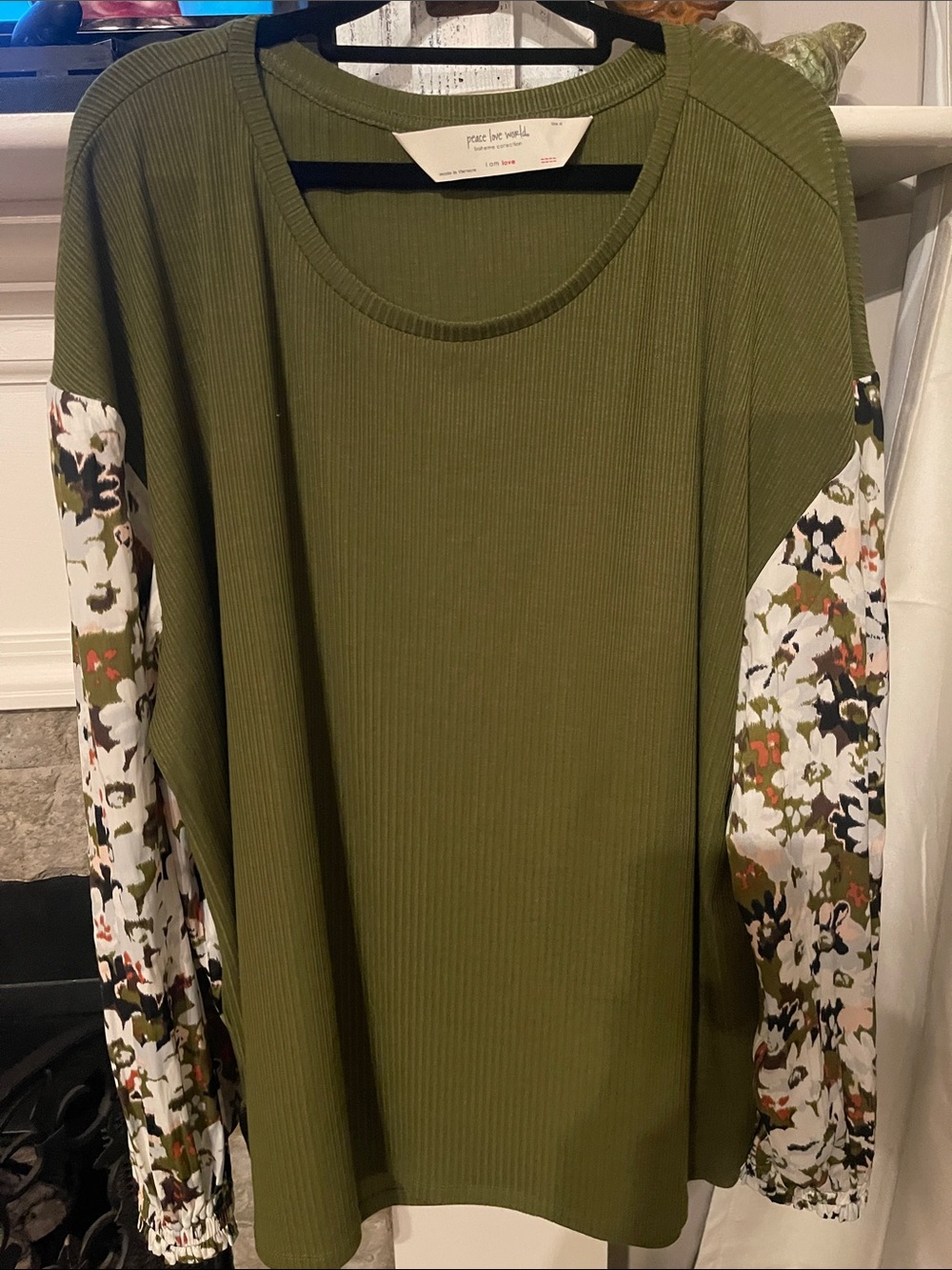 Peace Love World Olive Green Ribbed Pullover with Floral Print Sleeves